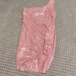 light pink sequin off the shoulder mini dress